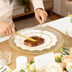 I00000 350 PCS Ivory and Gold Plastic Plates for 50 Guests, Premium Scalloped Disposable Dinnerware Set Include: 100 Disposable Plate, 50 Napkins, 50 Cups, 50 Silverware Set for Party & Wedding