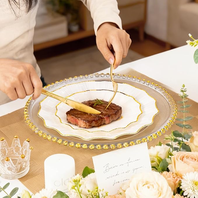 I00000 350 PCS Ivory and Gold Plastic Plates for 50 Guests, Premium Scalloped Disposable Dinnerware Set Include: 100 Disposable Plate, 50 Napkins, 50 Cups, 50 Silverware Set for Party & Wedding