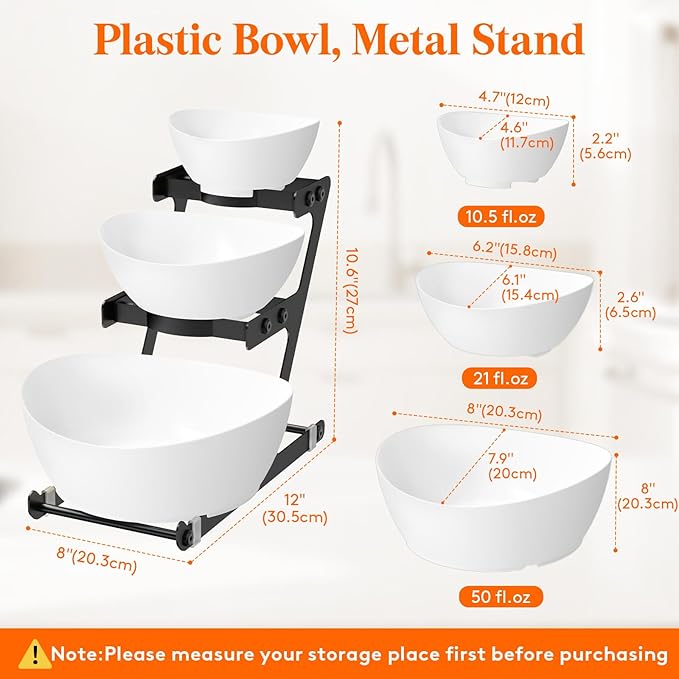 Lifewit 3 Tier Plastic Serving Bowls with Black Metal Stand, Chips and Dip Serving Tray Set for Entertaining Party, Crack-Proof Serving Platters for Fruit/Snack/Candy, 31 x 20 x 27 cm/12 x 8 x 10.6