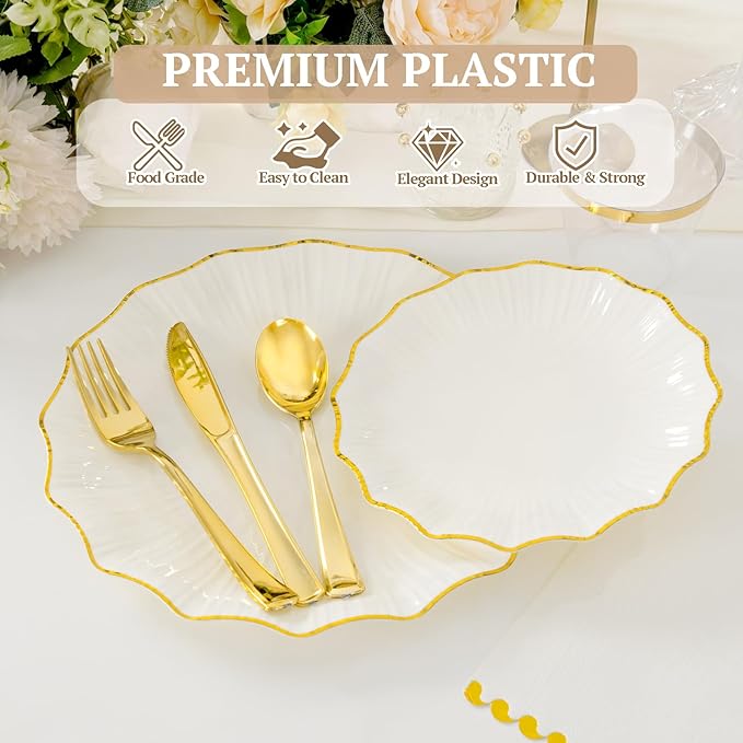 I00000 350 PCS Ivory and Gold Plastic Plates for 50 Guests, Premium Scalloped Disposable Dinnerware Set Include: 100 Disposable Plate, 50 Napkins, 50 Cups, 50 Silverware Set for Party & Wedding