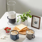 Hasense Coffee Mug Set of 4 with Holder - 15 oz Stackable Large Ceramic Ribbed Latte Cup Set for Cappuccino, Tea, Hot Cocoa, Drinks - Dishwasher & Microwave Safe Multi color