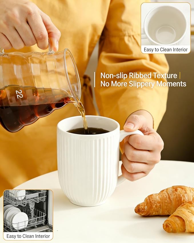 HASENSE Textured Coffee Mugs Set of 4, 16 Oz Ribbed Ceramic Cups with Large Handle for Latte Tea Cappuccino, Stackable Embossed Mug Set for Mom Dad, Microwave Dishwasher Safe, Creamy White