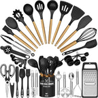 Kitchen Utensils Set- 34PCS Silicone Cooking Utensil with Holder, Umite Chef Heat Resistant Kitchen Spatula Set for Nonstick Cookware, Black Wooden Handles Kitchen Gadgets Tools Set