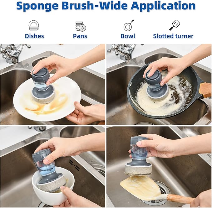Dish Brush with Soap Dispenser, Kitchen Dish Scrubbers Set with Draining Tray for Washing Dishes/Pots, Grey, Set of 2
