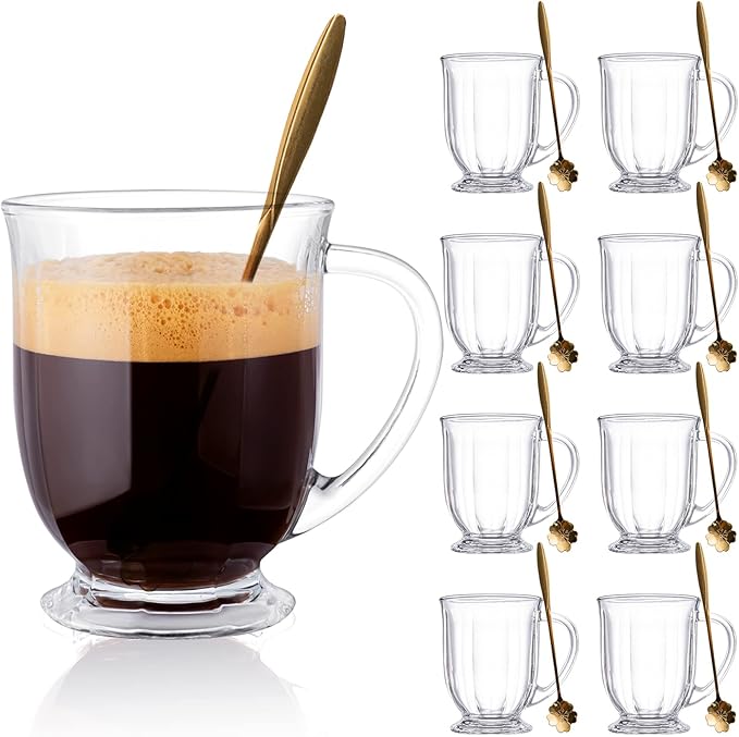 Glass Mug Set of 8, 15 oz Large Capacity Coffee Mugs with Handles, Clear, with 8 Spoons; Ideal for Latte, Espresso, Juice, Tea