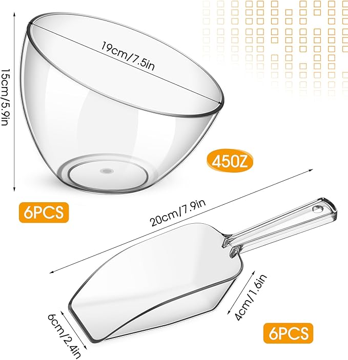 Hoolerry 12 Pcs Serving Bowls Kit Include Clear Plastic Bowls for Parties and Popcorn Measuring Scoops Acrylic Plastic Kitchen Angled Candy Scoops for Office Canister Salad Cooking (45 oz)