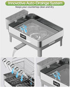2 Tier Dish Drying Rack, Thicker Premium 304 Stainless Steel Dish Racks for Kitchen Counter, Automatic Drainage Spout, Dish Drainer & Drainboard Set with Utensil Holder and Cup Holder, Grey