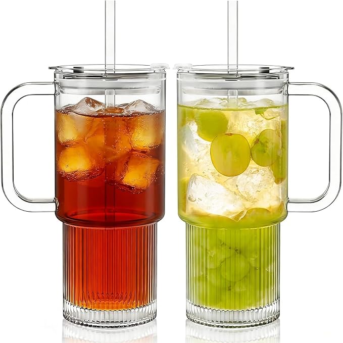 KEMORELA 2-Pack 26oz Ribbed Glass Tumblers with Handle and Lid – Large Aesthetic Iced Coffee Cups with Straws, Modern Textured Glass Mugs for Smoothies, Tea, Juice & Cold Beverages, Dishwasher Safe