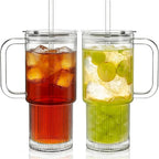 KEMORELA 2-Pack 26oz Ribbed Glass Tumblers with Handle and Lid – Large Aesthetic Iced Coffee Cups with Straws, Modern Textured Glass Mugs for Smoothies, Tea, Juice & Cold Beverages, Dishwasher Safe