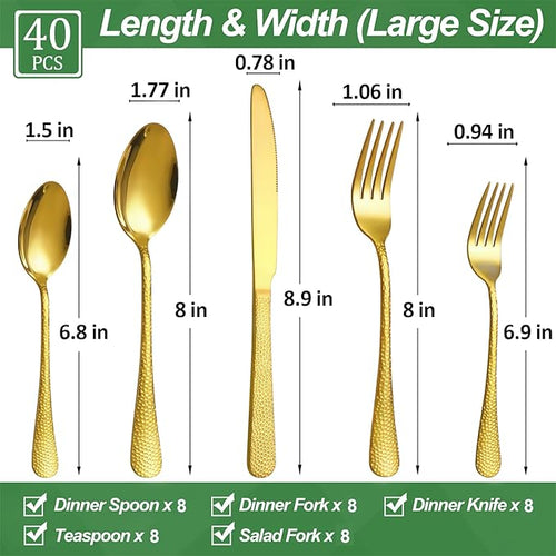 40 Pcs Gold Silverware Set for 8 with Hammered Design, Food Grade Stainless Steel Flatware Set, Eating Utensils Sets Include Fork/Knife/Spoon, Cutlery Set, Dishwasher Safe