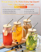 TANGLONG Mason Jar with Lid and Straw 24 oz Mason Jar Cups Set of 8 Glass Cups with Lids and Straws Mason Jars with Handle Drinking Glasses
