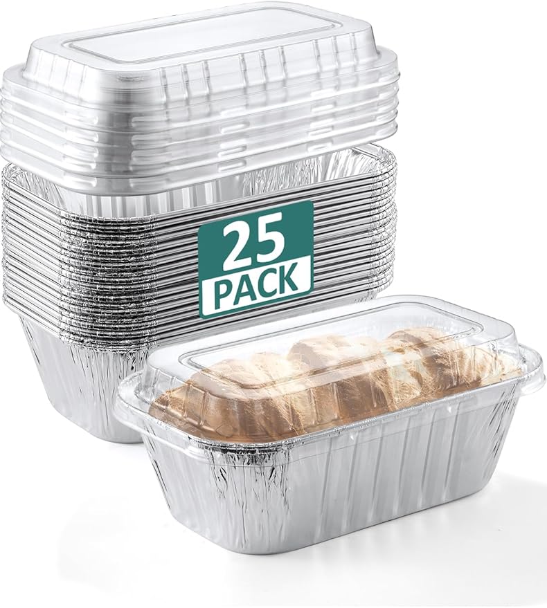 25 Pack 6x3.5x2 Disposable Aluminum Loaf Pans with Lids - 1 Lb Mini Loaf Pans, Small Aluminum Tin Foil Baking Pan, Food Containers for Baking, Cakes, Bread, Meat, Loaves