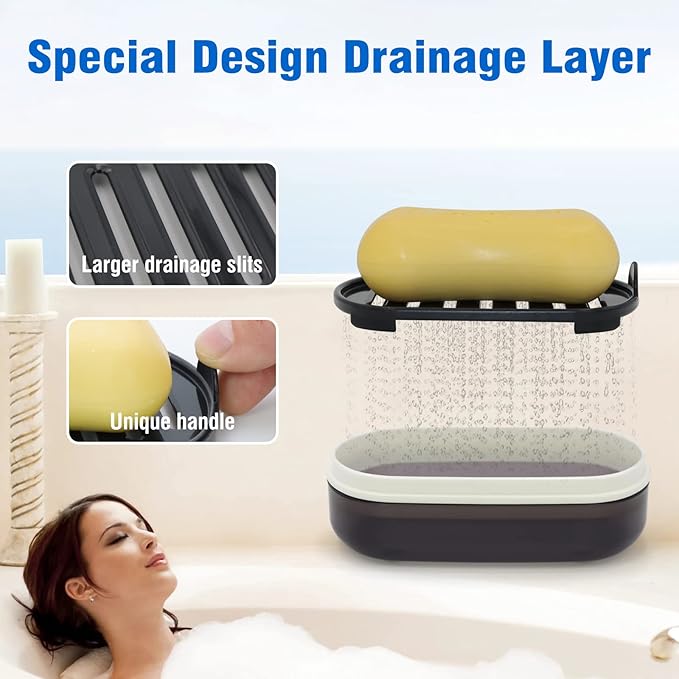 AIMAIAIMAI Travel Soap Container, Leakproof Soap Box, Travel Soap Holder with Removable Draining Layer, Portable Soap Case for Traveling, Camping, Gym (Black)