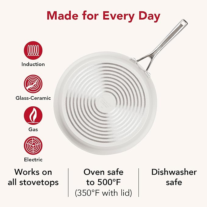 KitchenAid Hard Anodized Ceramic Induction Nonstick Cookware Frying Pan/Skillet with Lid, Dishwasher Safe, 12.25 Inch Non Stick Fry Pan with Stainless Steel Handle - Porcelain White