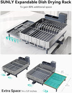 SUNLY Large Dish Drying Rack, Expandable Dish Racks for Kitchen Counter, Space Saving 304 Stainless Steel Drying Rack Kitchen, Extra Large Drainer with Multifunctional Flip Up Pegs, Gray