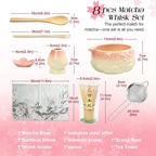 Matcha Whisk Set, 8 Pcs Matcha Kit Set With Pink Cherry Blossom Embossed Pattern Includes 18 OZ Bowl, Bamboo Whisk, Ceramic Holder, Bamboo Scoop x2, Scoop Rest, Stainless Sifter and Tea Towel