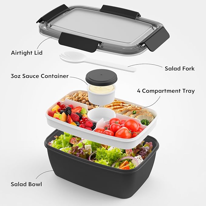 Cherrysea 2Pack Salad Lunch Container, 68oz Salad Bowls with 4 Compartments Tray,Leak Proof Lunch Box with Fork for Men,Women BPA-Free Snack Container with Sauce Container for Dressings - Black&Grey