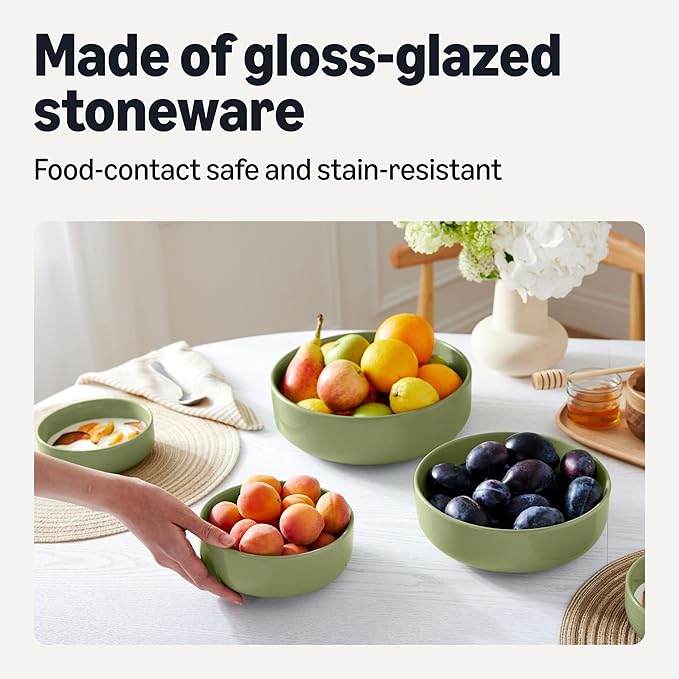 Amazon Basics Glazed Stoneware Serving Bowls, 3-Piece Set, Dishwasher-Safe, Microwave-Safe, Olive