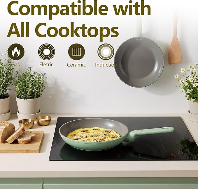 Non Stick Frying Pan Skillet,Egg Pan,Green Omelet Pan,PFOA Free,10 Inch Ceramic frying pan,Induction with all cooktops,non-slip grip.