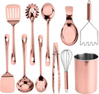 COOK WITH COLOR Kitchen Utensil Set - premium Nonstick & Heat Resistant Kitchen Gadgets, Turner, Spaghetti Server, Serving Spoons, Whisk, Tongs, Masher & Utensil Holder, 10-piece Rose Gold