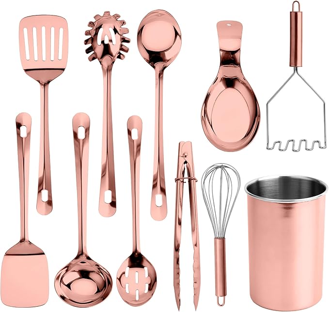 COOK WITH COLOR Kitchen Utensil Set - premium Nonstick & Heat Resistant Kitchen Gadgets, Turner, Spaghetti Server, Serving Spoons, Whisk, Tongs, Masher & Utensil Holder, 10-piece Rose Gold
