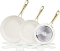 Chef Power Ceramic Frying Pan with Stainless Steel handle 5Pcs Set, Non Stick Grill Pan Set, Dishwasher and Oven Safe, Cream White and Light Gold Handle