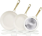 Chef Power Ceramic Frying Pan with Stainless Steel handle 5Pcs Set, Non Stick Grill Pan Set, Dishwasher and Oven Safe, Cream White and Light Gold Handle