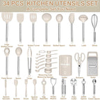 Kitchen Utensils Set-Umite Chef 34 Pcs Silicone Cooking Utensils Set for Nonstick Cookware-Silicone Spatulas Set, Stainless Steel Handle-Khaki Kitchen Gadgets Tools, Pots and Pans Accessories