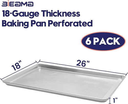 6 Pack Full Size 18" x 26" Aluminum Baking Sheet Pan Perforated, Commercial Bakery Equipment Cookie Sheets, NSF Approved Baking Tray