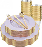 bUCLA 180PCS Purple Plastic Plates - Disposable Purple with Gold Rim, Include 30 Each (Dinner & Salad) Plates, 30 Knives, 30 Forks, 30 Spoons, 30Cups for Party, Shower & Birthday