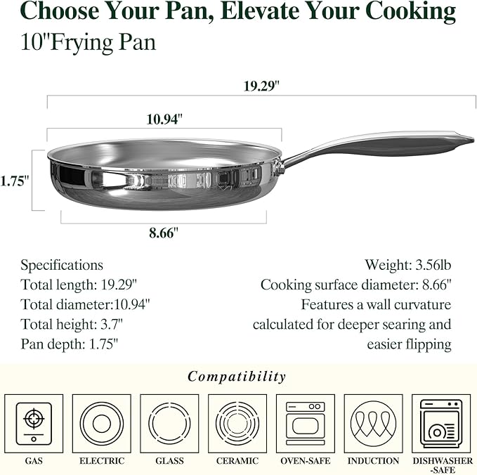 Umite Chef 10 Inch Stainless Steel Frying Pan, Non-Toxic 5 Ply Stainless Clad, Professional Skillet Cookware, Dishwasher Safe Kitchen Pan, Compatible with Induction, Oven Safe Saucepan,PFOA&PTFE Free