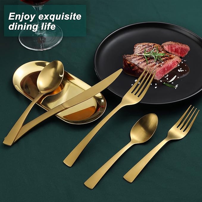 Bestdin 20-Piece Matte Gold Silverware Set, Premium Stainless Steel Flatware Set for 4, Spoons and Forks Set Includes Knife/Fork/Spoon, Nice Gifts for Thanksgiving&Chirstmas.