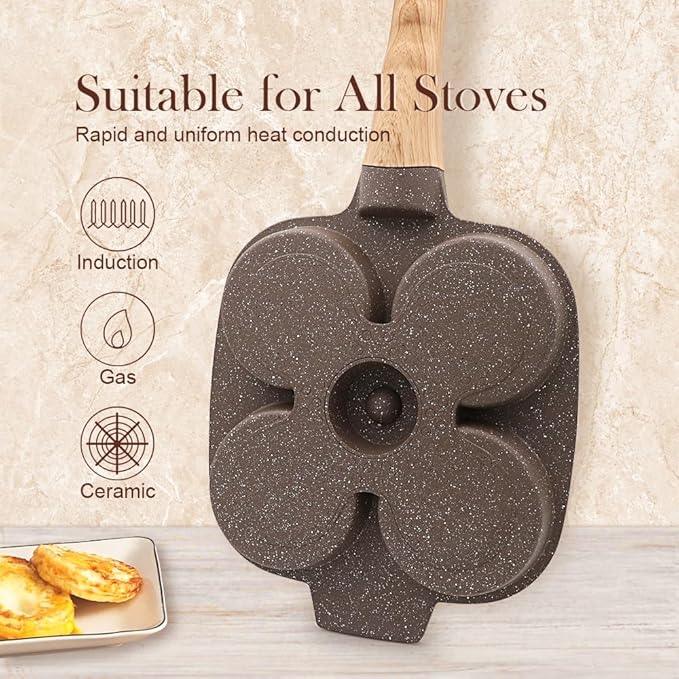 Ceramic Egg Frying Pan, Nonstick 4 Cup Fried Egg Pan with Detachable Handle, Omelette Pan Induction Compatible - Brown