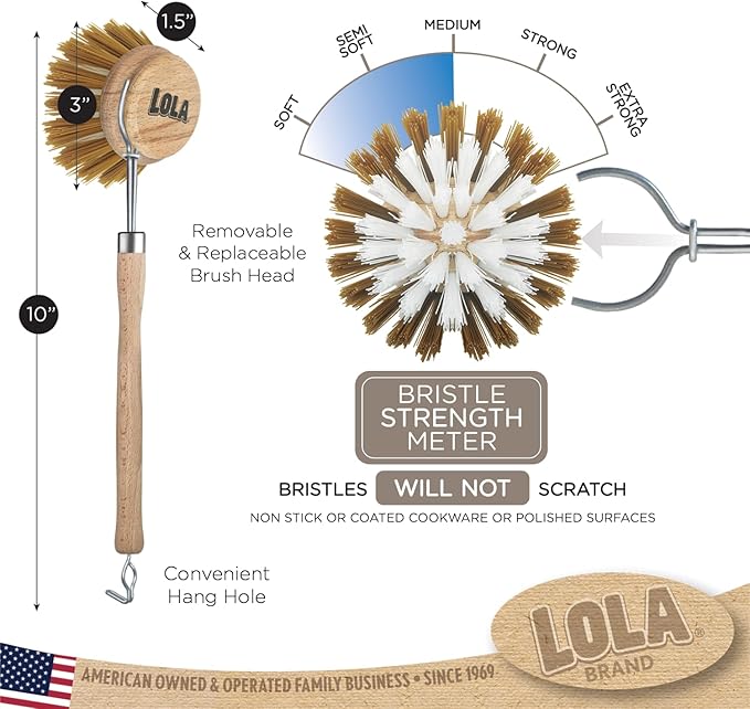 LOLA -The Original - Dishwashing & Vegetable Brush, 6 Pack, Hardwood w/Poly Fiber Bristles, Reusable, Sustainable, Has EZ-Grip Handle