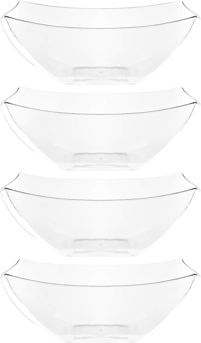 PLASTICPRO Disposable Square Serving Bowls, Party Snack or Salad Bowl, Plastic Clear or White Pack of 4 (16 OUNCE, Clear)
