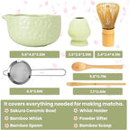 Matcha Whisk Set, Sakura Green Ceramic Matcha Set Includes Matcha Bowl, Matcha Whisk (Chasen) and Holder, Sifter, Bamboo Scoop & Spoon - 6 Pcs Matcha Kit for Matcha Lovers