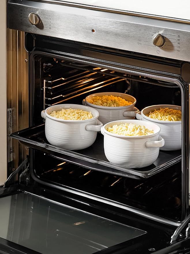 LE TAUCI Soup Bowls with Handles - 28 oz Lead-Free Ceramic French Onion Crocks, Oven and Microwave Safe, Heat-Resistant Design, Stackable, Dishwasher Safe, Set of 4, White