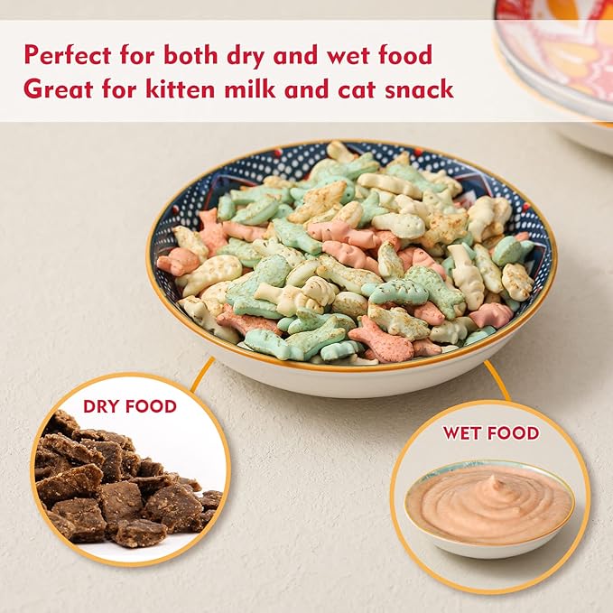 Ceramic Cat Bowls Set of 6 - Colorful/White Cute Shallow Cat Dishes - 5.75-Inch, Whisker Friendly and Wide - Microwave & Dishwasher Safe - 5.3 oz (250 ml) （Colorful 2 ）