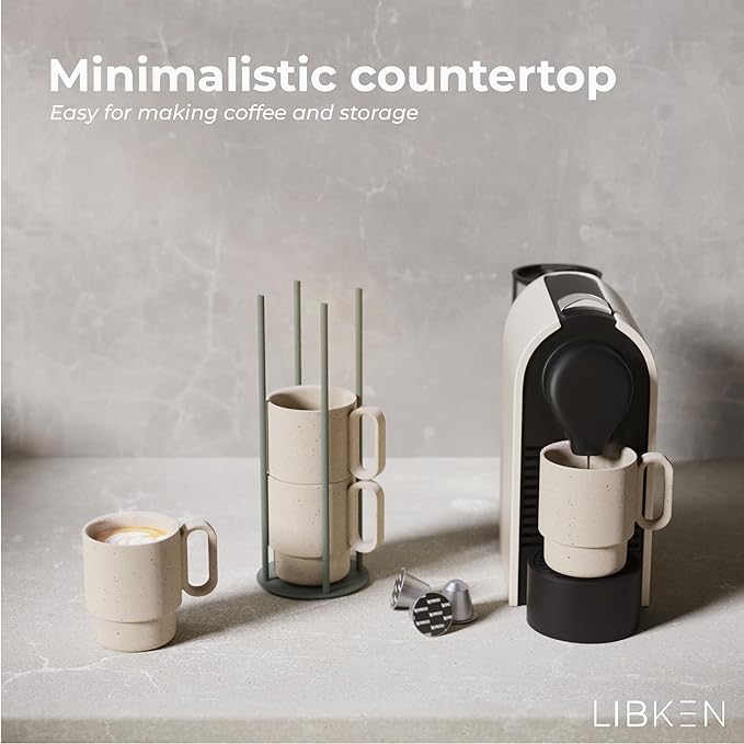 LIBKEN Stackable Coffee Mug Set with Green Stand Rack 4x8oz Ceramic Mugs with Unique Sprinkled Optics - Powder Coated Metal Rack for Space Saving Storage - Dishwasher-Safe - Microwave & Oven Use