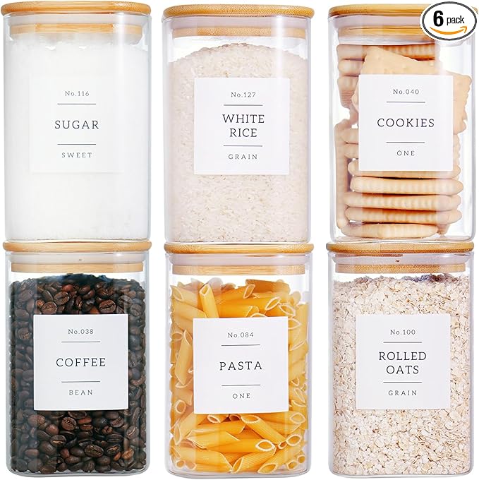 6 Pack Square Kitchen Storage Jars with Airtight Bamboo Lids and 132 Pantry Labels - 35oz Glass Canisters With Wood Lids - Food Storage Containers for Coffee, Cookie, Tea, Spice
