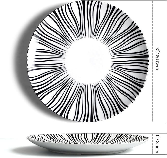 8" Black and White Striped Ceramic Plates Set of 6, Zebra Pattern Salad Plates Set, Minimalist Porcelain Dish Set, Microwave, Oven & Dishwasher Safe