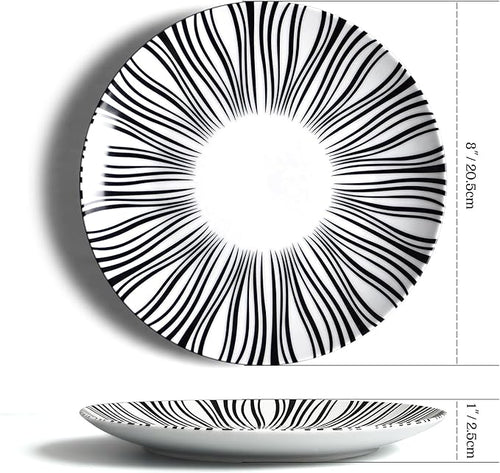 8" Black and White Striped Ceramic Plates Set of 6, Zebra Pattern Salad Plates Set, Minimalist Porcelain Dish Set, Microwave, Oven & Dishwasher Safe