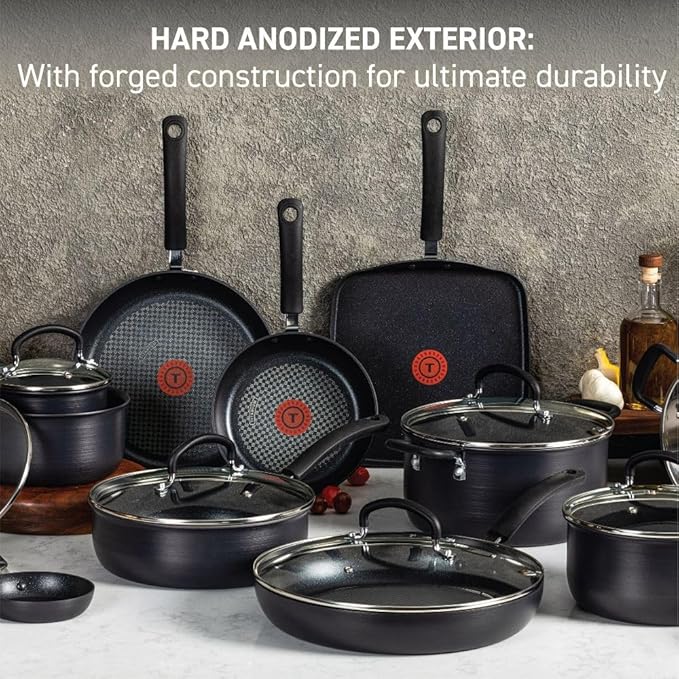 T-Fal Ultimate Hard Anodized Nonstick Pots and Pans Set 17 Piece, Nonstick Cookware Set with Fry Pan, Saucepans, Saute-Pan, Griddle, Dishwasher Safe, Black