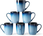MONITO Large Ceramic Coffee Mugs Set with Handle for Tea/Latte/Cappuccino/Milk/Cocoa, Ice-Snow Blue 14oz, Set of 6, Funny Tea Cups for Office and Home
