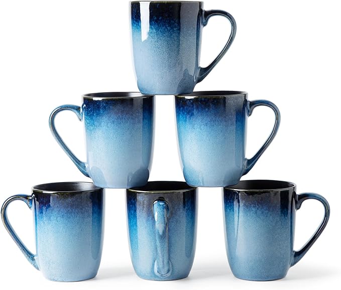 MONITO Large Ceramic Coffee Mugs Set with Handle for Tea/Latte/Cappuccino/Milk/Cocoa, Ice-Snow Blue 14oz, Set of 6, Funny Tea Cups for Office and Home