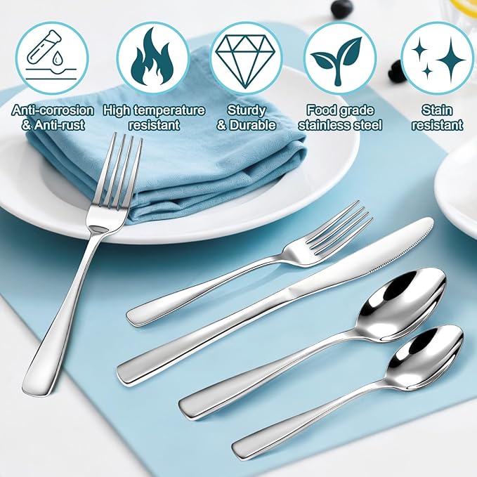 Bestdin 60 PCS Silverware Sets - Mirror Polished Flatware Set for 12, Including Knives, Spoons and Forks, Cutlery Set, Dishwasher Safe & Stainless Steel Silverware for Wedding Gift, Home & Party Use