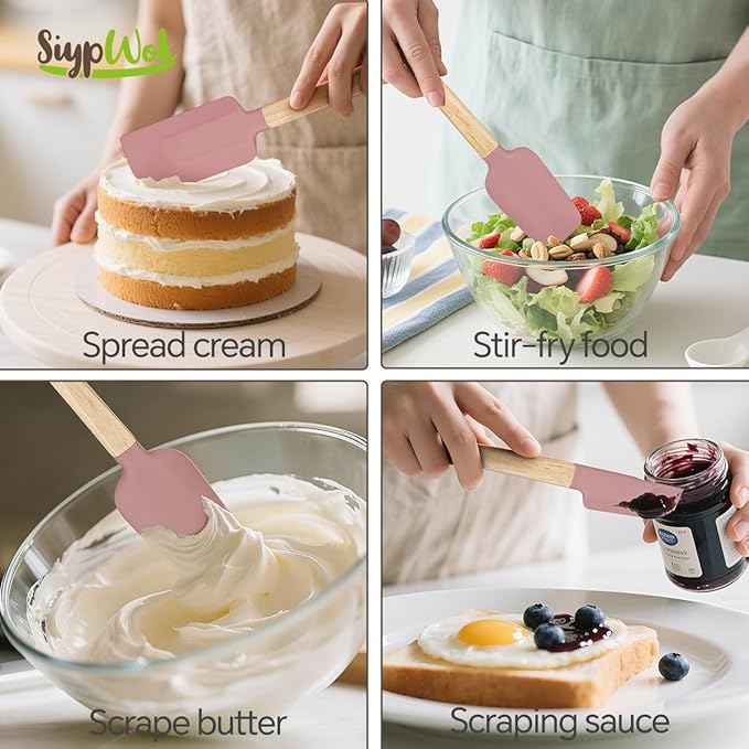 Silicone Spatula Set, Food Grade Rubber Spatula-4 Piece Nonstick Rubber Spatulas, Spoonula, Jar Scraper for Cooking, Baking, Mixing, Frosting - Heat Resistant Up to 600°F (5 Pcs Spatula Pink)