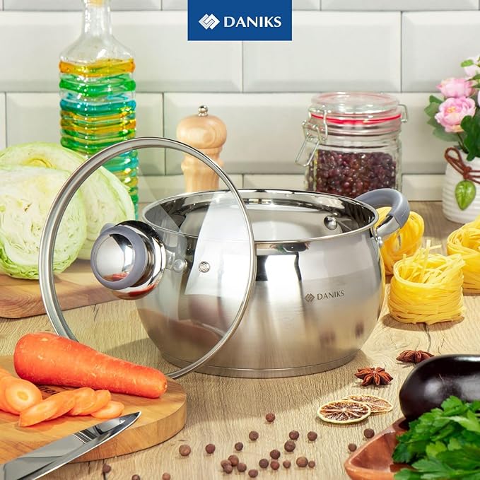 Daniks Modern 2 Quart Stainless Steel Stock Pot with Glass Lid, Tri-Ply Bottom for Even Heating, Induction Compatible, Dishwasher Safe, Heatproof Handles