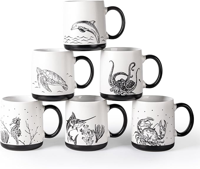 AmorArc Large Coffee Mugs Set of 6, 18oz Ceramic Coffee Cups with Sea Life Textured Patterns for Tea Latte Cocoa. Easy to Hold&Clean, Dishwasher&Microwave Safe, Matte