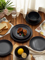 Famiware Venus Plates and Bowls Sets with Trim, 18 Pieces Stoneware Chip Resistant Dinnerware Dishes for 6, Matte Black - Microwave/Dishwasher Safe, Modern Minimalist, for Everyday Meals/Formal Dining